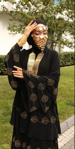 Burgundy three layered abaya with gold Flower hems