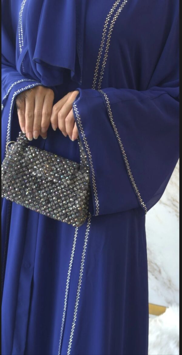 Blue Abaya with Front Slit And Crystal Yapishkan Stone - Image 2