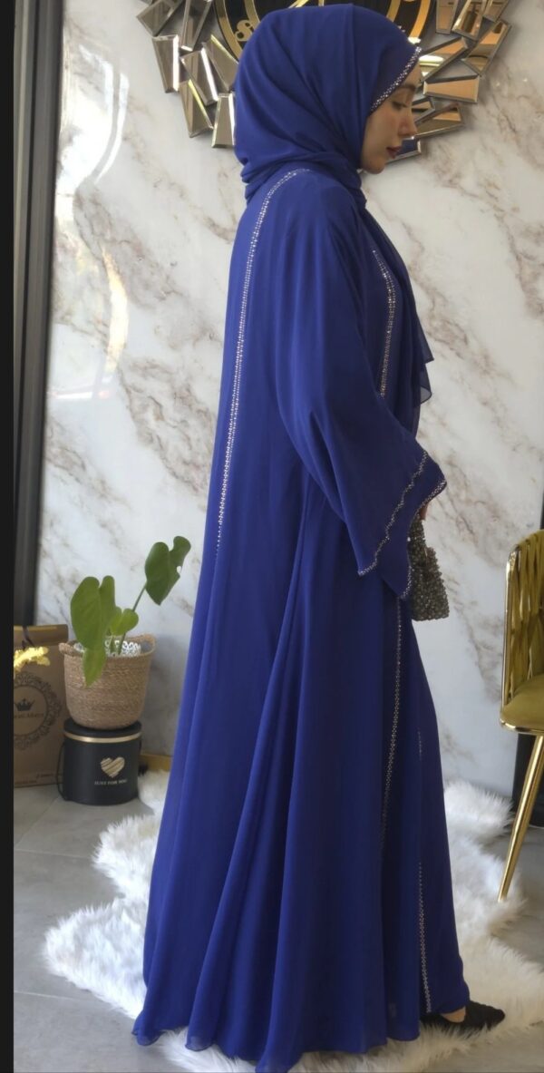 Blue Abaya with Front Slit And Crystal Yapishkan Stone - Image 3