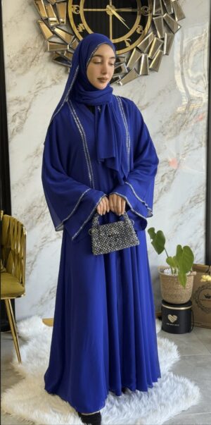Blue Abaya with Front Slit And Crystal Yapishkan Stone