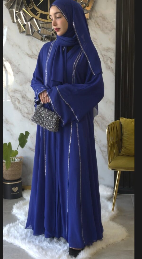 Blue Abaya with Front Slit And Crystal Yapishkan Stone - Image 4