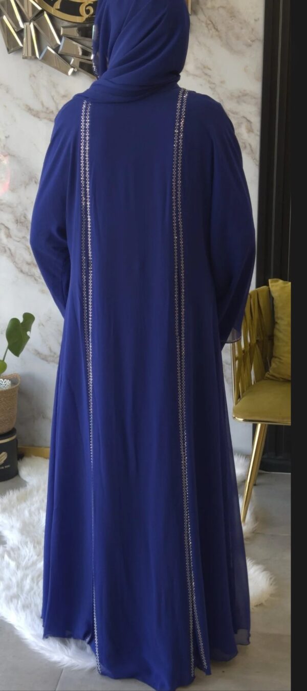 Blue Abaya with Front Slit And Crystal Yapishkan Stone - Image 5