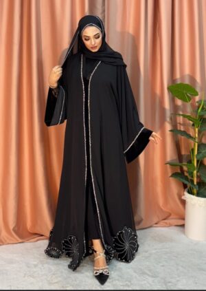 Burgundy Abaya with Swarovski Stone – Elegant Floral Pattern Special Design