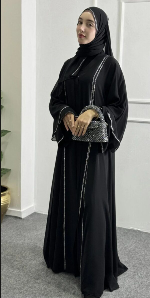Black Abaya with Front Slit and Chakma Stone - Image 2