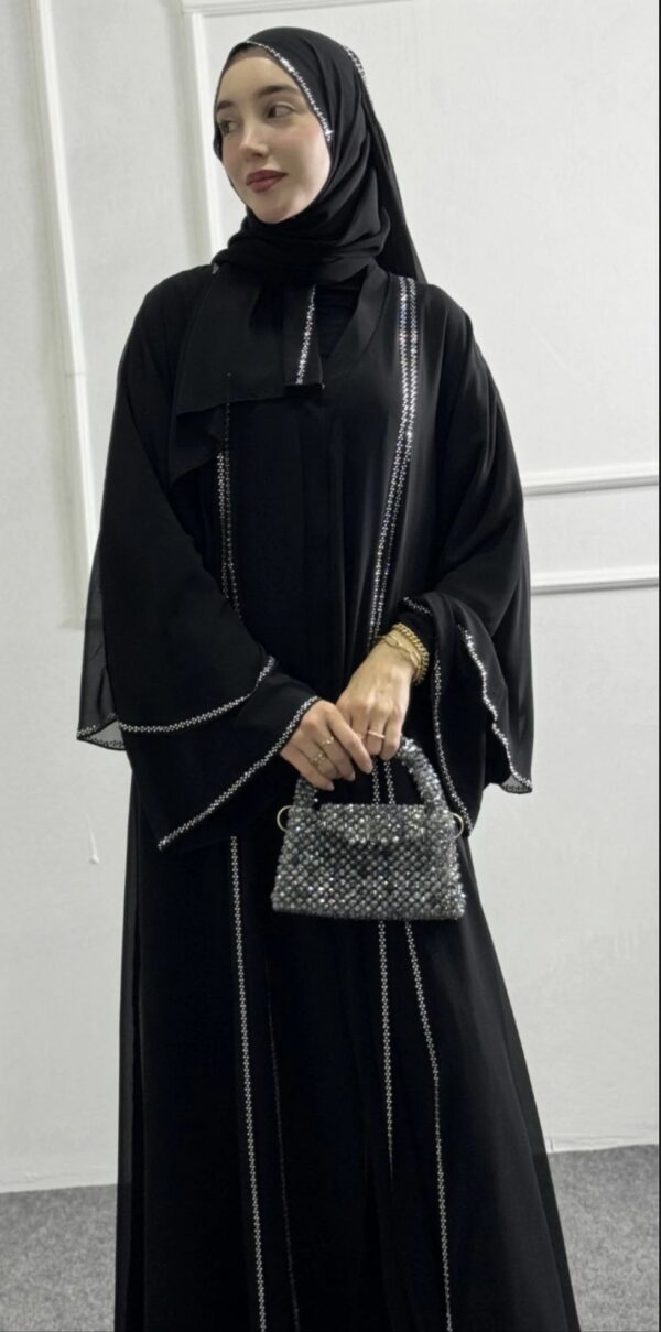 Black Abaya with Front Slit and Chakma Stone - Image 3