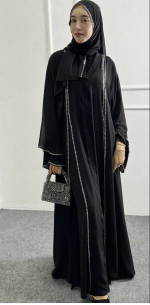 Black Abaya with Front Slit and Chakma Stone