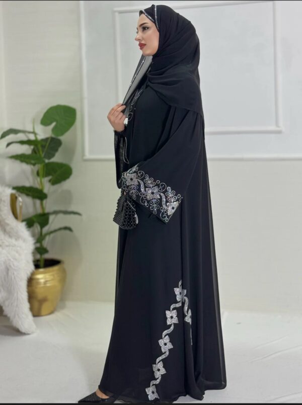 Black Stylish Abaya with Swarovski Stone Details - Image 3