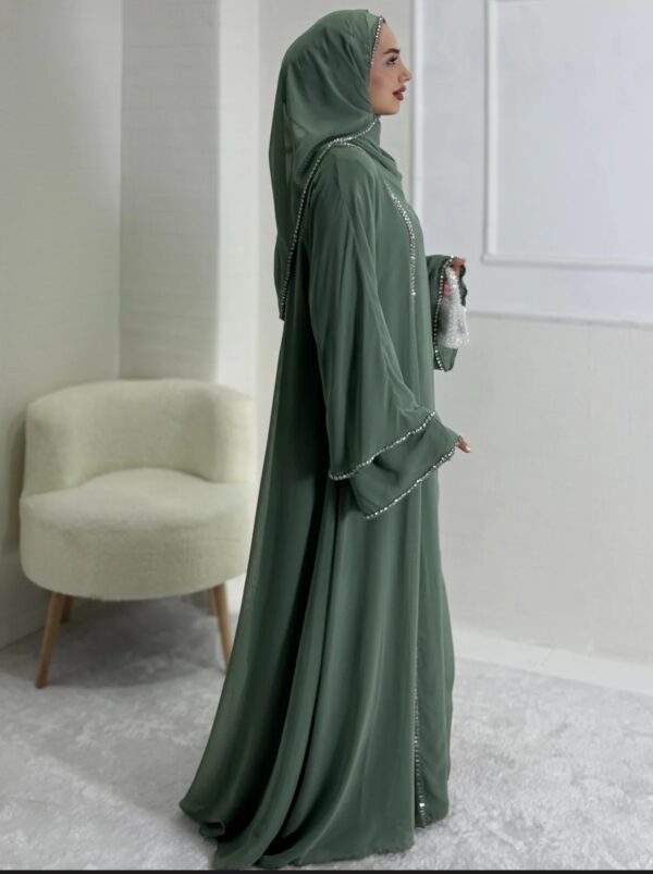 Chiffon Pistachio Green Abaya with Front Slit and Chakma white Stone - Image 2
