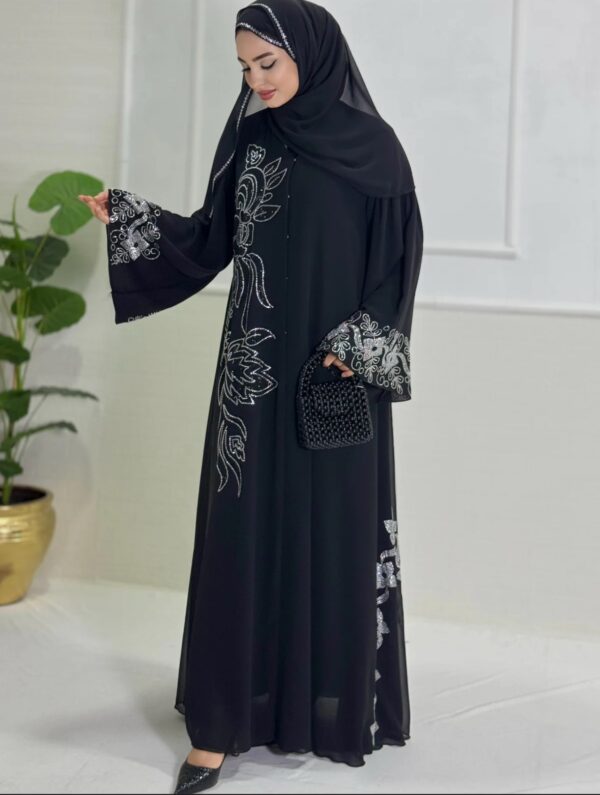 Black Stylish Abaya with Swarovski Stone Details - Image 4