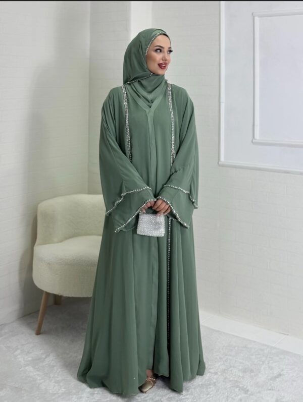 Chiffon Pistachio Green Abaya with Front Slit and Chakma white Stone - Image 3