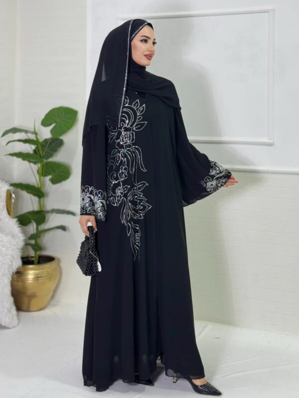 Black Stylish Abaya with Swarovski Stone Details - Image 5