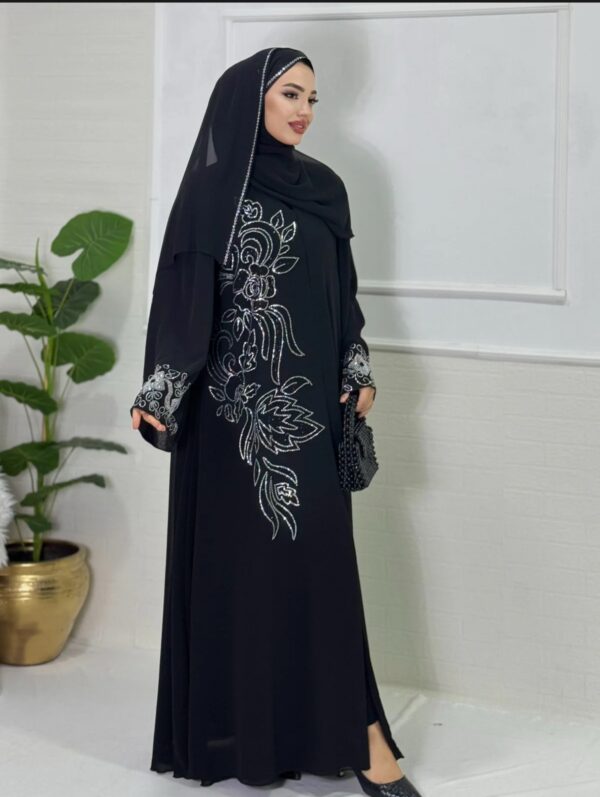 Black Stylish Abaya with Swarovski Stone Details - Image 2