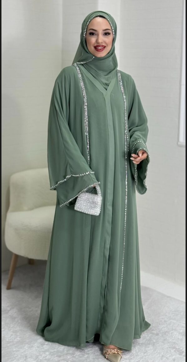 Chiffon Pistachio Green Abaya with Front Slit and Chakma white Stone