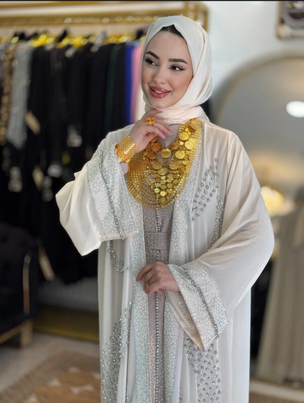 Luxury Stones Embroidered Cream Abaya - Image 3