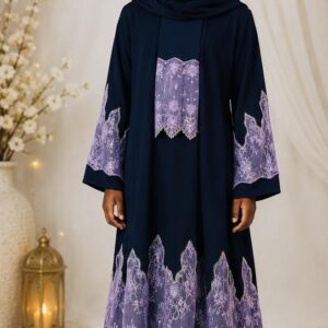 Elegant kids’ Black abaya with soft lavender lace accents, set with matching hijab.